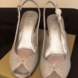 Silver peep toe sling backs